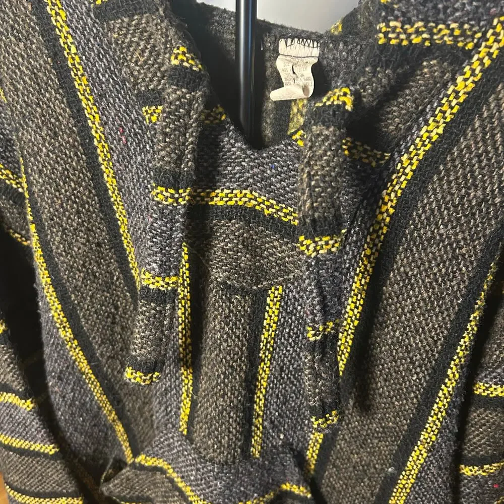 VTG Molina Baja Hoodie Charcoal Grey Yellow Striped Mexican Rug Hoodie Gorpcore